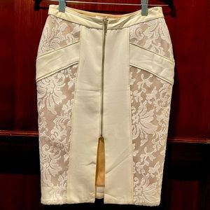Endless Rose White lace pencil skirt with leather trim